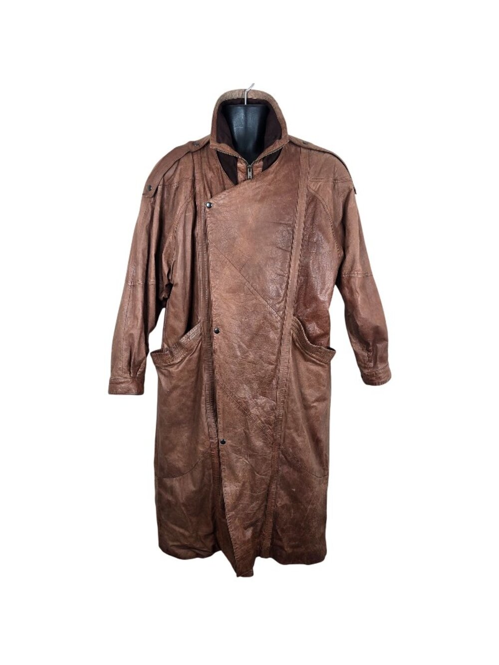 Vintage 80s Brown Leather Trench Coat Duster Mens L Asymmetrical Closure